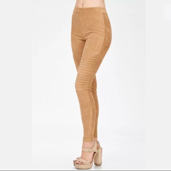Beige Faux Suede Moto Stretch Casual Leggings - Picture 2 of 8